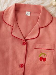 Tween Girls Pajama Set, Burgundy Cherry Embroidered Comfortable Loose Fit Long Sleeve And Long Pants, 2 Pieces Loungewear