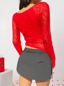 SHEIN EZwear 情人节唇形图案丝绒红色网眼女款上衣 - 紅色 - 查看 4