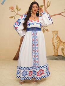 Travachic Plus Size Bohemian Vacation Casual Apricot Retro Print Lace Patchwork Dress For Women - Multicolor - View 5