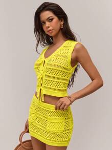 Forever 21 Spring New Elastic Waist Hollow-Out Crochet Resort Beach Style Women Knitted Mid Skirt - Yellow - View 4