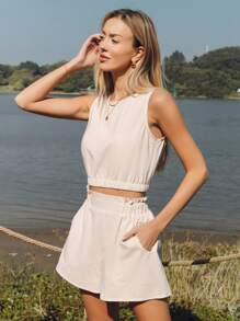 SHEIN LUNE Conjunto de camisa sin mangas con bajo ajustable con cordón y bolsillo fruncido en la cintura, shorts acampanados, hecho de mezcla de lino