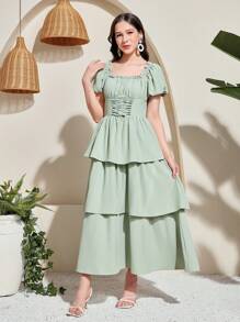 SHEIN Teen Girls' Green Elegant Luxurious Square Collar Ruffle Lightweight Party Princess Cake Tulle Layered Long Dress, Suitable For Spring/Summer, Elegant/Vintage, Vacation, Wedding Season, Princess Girls Dress, Valentine's Day/Easter - Green - View 5