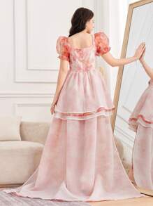 SHEIN Váy tuổi teen màu hồng loang lổ/Tie Dye/Nhiều lớp/Váy bánh/Tay bồng/Cổ tim ngọt ngào/Váy ngắn/Đuôi cực dài/Váy thanh lịch/Váy cổ điển/Váy sinh nhật/Váy công chúa/Váy tuyệt đẹp và dễ thương - Nhiều màu - Xem 2