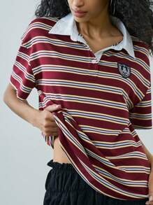 Easelle Casual College Style Contrast Color Stripe & Badge Decorated Short Sleeve Shirt