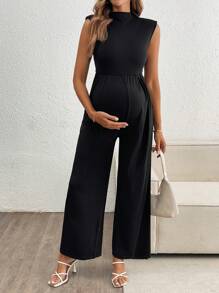 SHEIN Maternity Stand Collar Cap Sleeve Solid Color Knit Jumpsuit Straight Leg