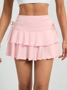 SHEIN Tall Drawstring Waistband Cake Skirt Simple Fashionable Daily Casual - Baby Pink - View 9