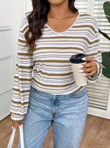 SHEIN Frenchy Áo thun cổ chữ V in sọc đơn giản cỡ lớn, mặc hàng ngày - Màu be - Xem 3