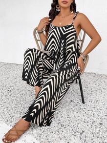SHEIN Frenchy Plus Size Geometric Pattern Sleeveless Jumpsuit, Boho/Bohemian Casual & Vacation - Black - View 6