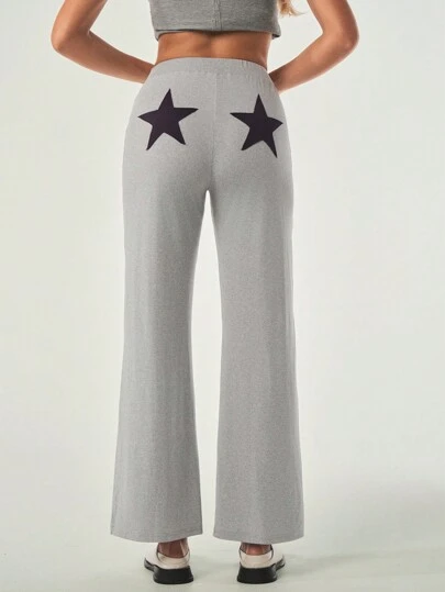 SHEIN Unity Women's Solid Color Grey Casual Star Print Pants Fall Cloth For Women