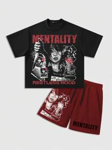 ROMWE MEN Anime Men's Loose Cropped Print T-Shirt Set - Black - View 1