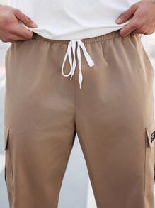 Manfinity Homme 大码男士抽绳腰前斜口袋工装裤，休闲日常穿着，秋季 - 卡其色 - 查看 4