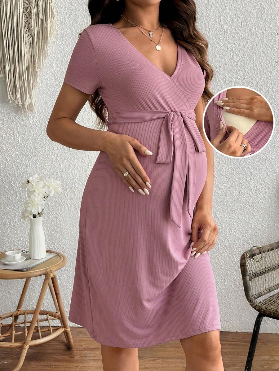 SHEIN Maternity & Nursing Pink Dress With Waist Tie - Pink - View 1
