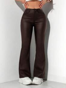 SHEIN PETITE Women's Solid Color Front Button Pocket Minimalist Long Pants, Casual For Daily Wear - Burgundy - View 4