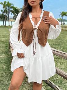 Flirla Ensemble robe longue blanche à manches longues avec patchwork en dentelle + cardigan brun rétro polyvalent pour femmes grande taille - Multicolore - Voir 5