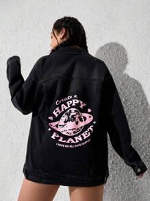 SHEIN EZwear Chaqueta vaquera estampada casual de mujer, moda minimalista para uso diario