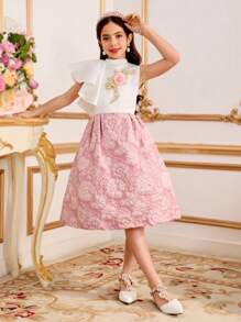 Tween-Mädchen Lässiges Kleid aus Jacquardstoff mit Stehkragen, asymmetrischem Rüschensaum