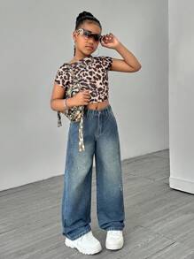 SHEIN Tween Girls Y2K 时尚石洗直筒牛仔裤，带斜插袋，休闲牛仔裤，适合户外和日常穿着 - 中等水洗藍 - 查看 6