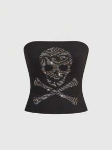ROMWE Grunge Punk Top din tub decorat cu strasuri cu craniu gotic - Negru - Vizualizare 2
