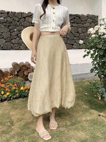 DAZY Damen Maxirock mit hoher Taille, weiter, einfarbiger Bubbelstoff - Khaki - Übersicht 8