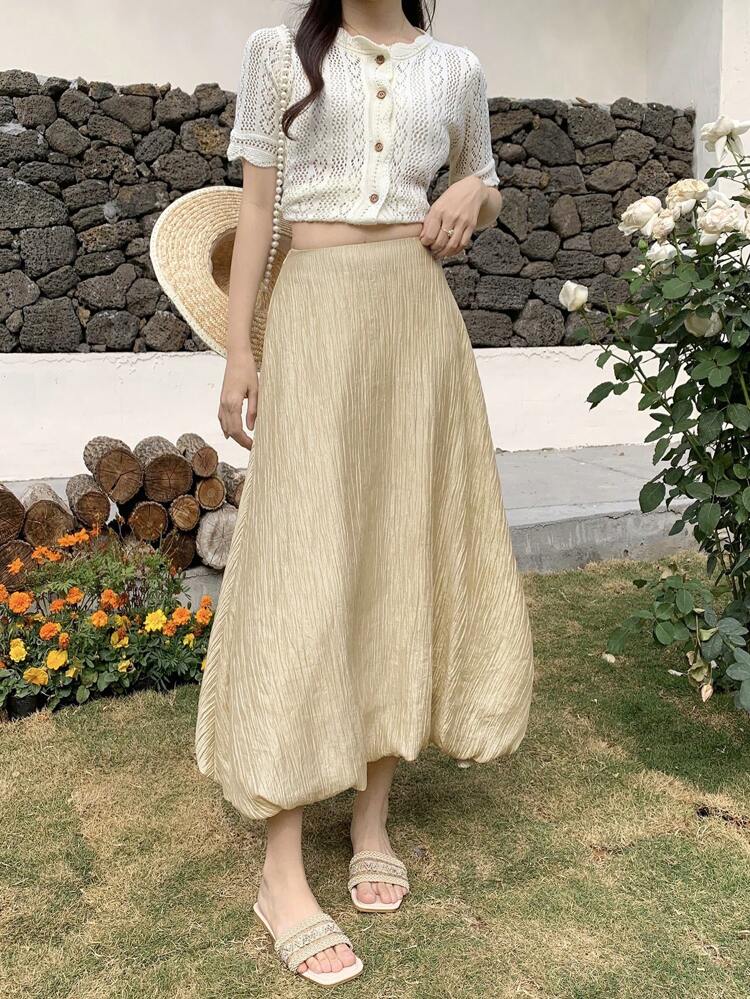 Women's High Waist Loose Solid Color Maxi Bubble Skirt