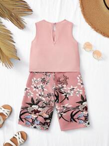 SHEIN 2pcs Baby Girl Summer Floral Print Tank Top And Capri Pants Set - Pink - View 2