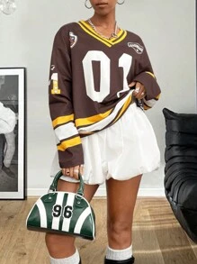 Coolane 女士秋冬休闲运动装数字图案大码长袖平纹 T 恤 - 彩色 - 查看 5