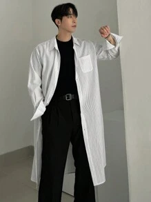 DAZY Camisa casual masculina listrada de comprimento médio com bolso simples e manga comprida, roupas de outono - Azul e branco - Ver 5