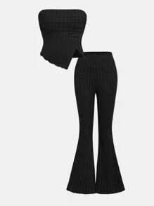 SHEIN Girlism 少女针织纯色罗纹可拆卸肩带吊带背心和阔腿裤两件套，休闲