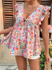 SHEIN Áo sơ mi in hoa buộc phía trước cho bà bầu đi nghỉ hè dành cho phụ nữ - Hồng - Xem 4