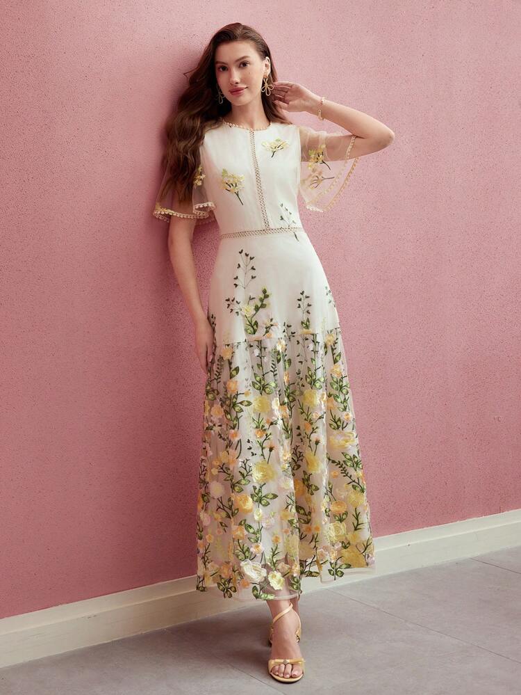 CONTRAST MESH FLORAL EMBROIDERY DRESS,SPRING/SUMMER