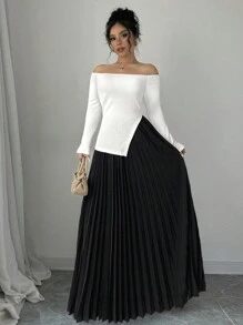 Firerie 女士露肩长袖褶边优雅黑白撞色连衣裙