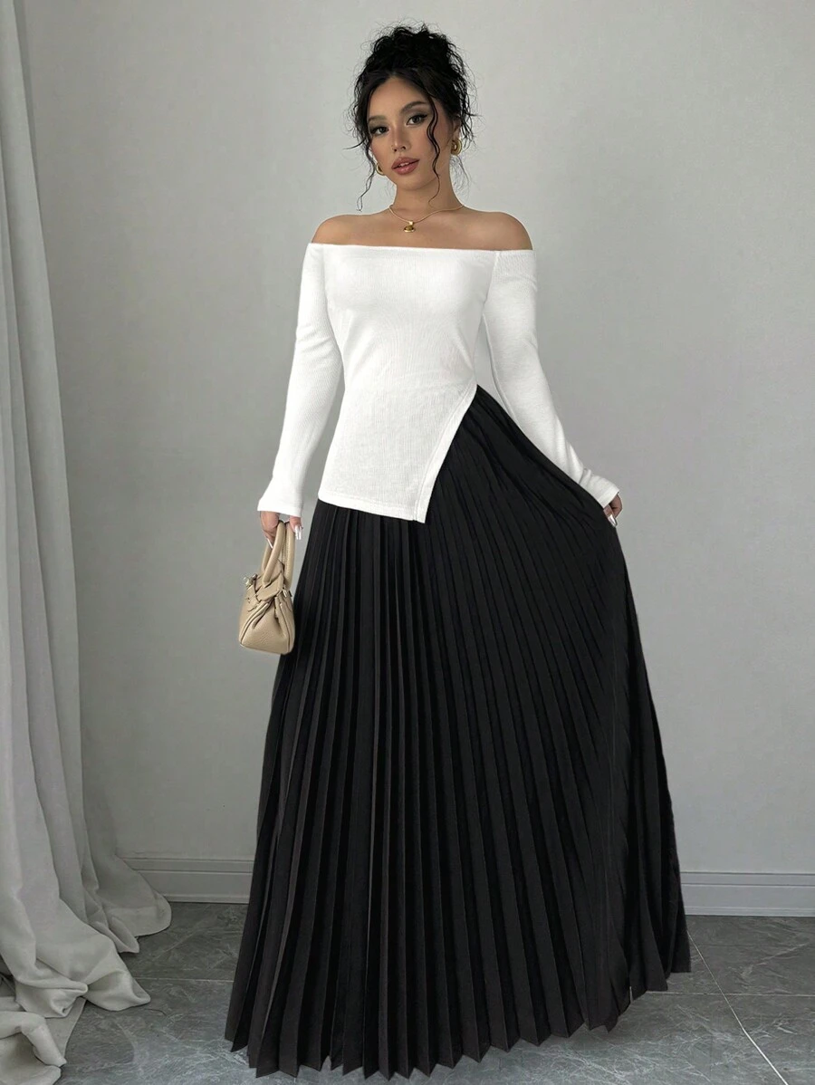 Firerie 女士露肩长袖褶边优雅黑白撞色连衣裙