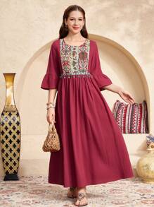 SHEIN Casual Vacation Ribbon Beaded Bell Sleeve Loose A-Line Washed Cotton Teen Girl Dress