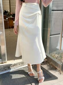 DAZY Solid Color Pleated Mermaid Skirt For Women - Beige - View 5
