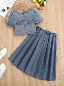 SHEIN Tween Girl Light Wash Casual Elegant Short Sleeve Denim Blouse With Sleeve Splicing Design & Pink Velvet Bow Decor, And Elastic Waist Pleated Long Denim Skirt Outfit, Simple Fashion Versatile Design For Daily Wear - Light Wash - View 1