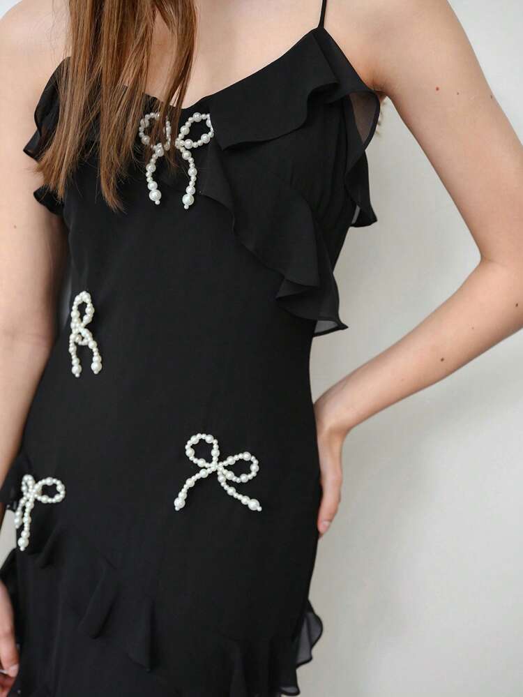 MOTF STUDIO FAUX PEARL BOW DECOR RUFFLE TRIM CAMI DRESS,VALENTINE'S DAY OUTFIT,SPRING/SUMMER