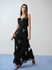 MOTF STUDIO FAUX PEARL BOW DECOR RUFFLE TRIM CAMI DRESS,VALENTINE'S DAY OUTFIT,SPRING/SUMMER - Black - View 5