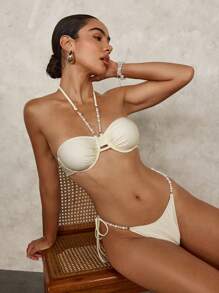 Summer Underwire Padded Detachable Faux Pearl Bra-Size Swimwear - Cream - View 7