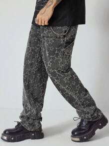ROMWE MEN Street Life Jeans casuales con pierna recta y bolsillos con estampado de estrellas para hombres