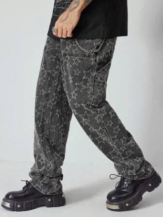 Street Life Jeans casuales con pierna recta y bolsillos con estampado de estrellas para hombres