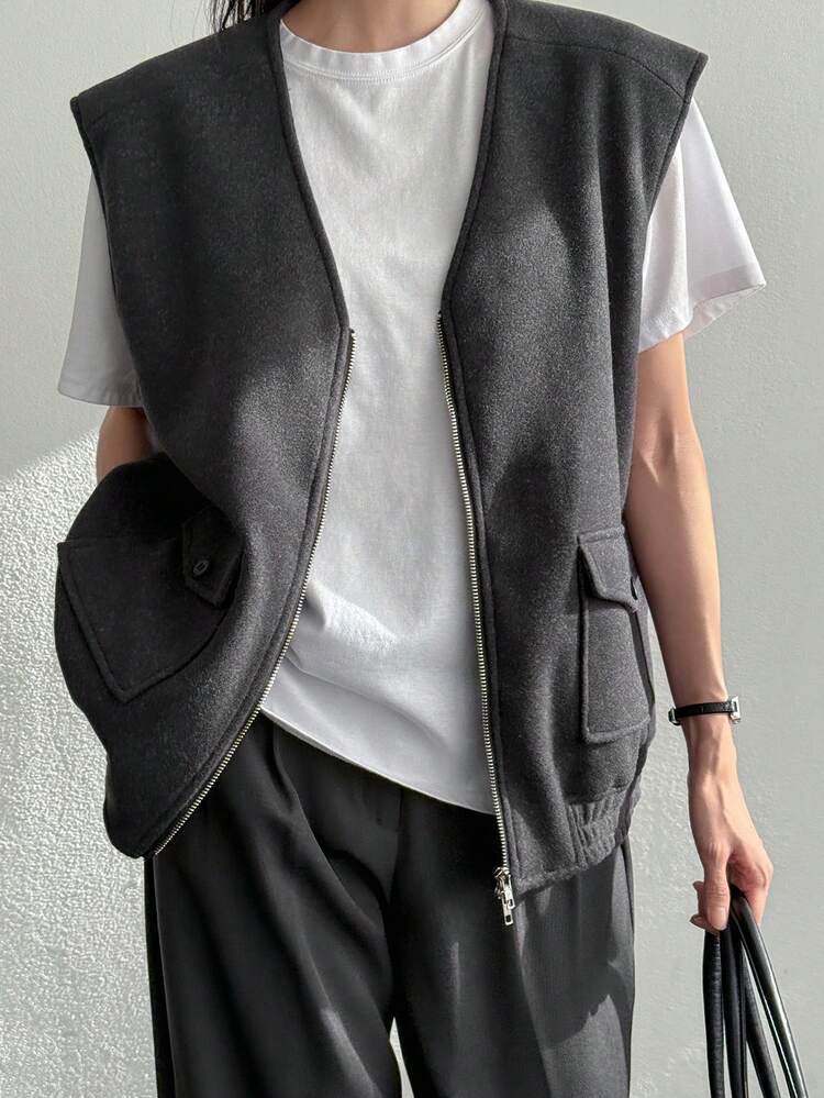 Oversized Pockets Casual Minimalist Short Jacket For Women, Fall Clothes Business Casual Woman Work Clothes Vest