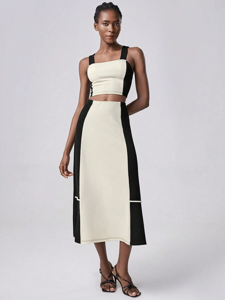 Chiquease Women Large Color Block Patchwork Tank Top And Mini Skirt 2 Pieces Sets, Spring/Summer - Black - View 1