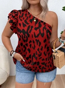 SHEIN VCAY Plus Size Vacation Single Cap Sleeve Leopard Print Blouse - Red - View 1