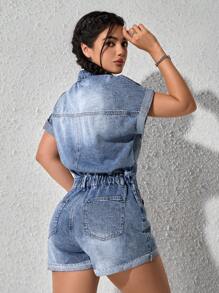 SHEIN EZwear Women's Simple & Fashionable Casual Denim Jumpsuit With Adjustable Suspenders - Medium Wash - View 2