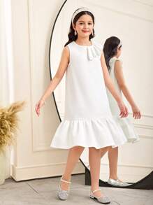 SHEIN Leap Crew Tween 女童休闲优雅串珠不对称荷叶边领无袖拼布褶皱下摆 A 字纯色针织连衣裙