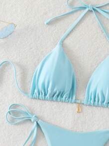 SHEIN Swim Costume da bagno bikini da donna con laccio alla nuca e colori tinta unita, sexy - celeste - Visualizzare 4