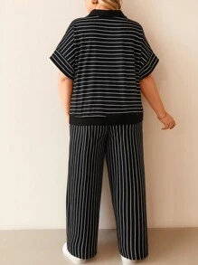 SHEIN LUNE 2pcs/Set Women Black & White Striped Zipper Collar Casual Sports Short Sleeve Top And Pants Set, Plus Size For Spring And Summer