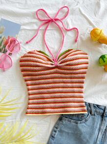 Soleia Women's Halter Backless Striped Fitted Knit Top Beach Vacation Outfits Spring Summer Outfits For Women - Multicolor - View 4