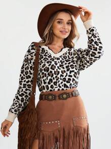 SHEIN LUNE Women's Casual Leopard Jacquard Wavy Hem V-Neck Pullover Sweater