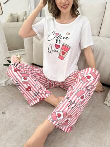 粉红爱心 & 咖啡印花短袖T恤和裤子套装 - 粉色 - 查看 1